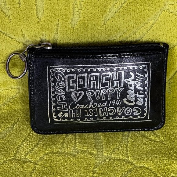 Black Leather COACH Poppy Zipped Wallet Key Ring Card Holder Silver Design EUC - Picture 1 of 6